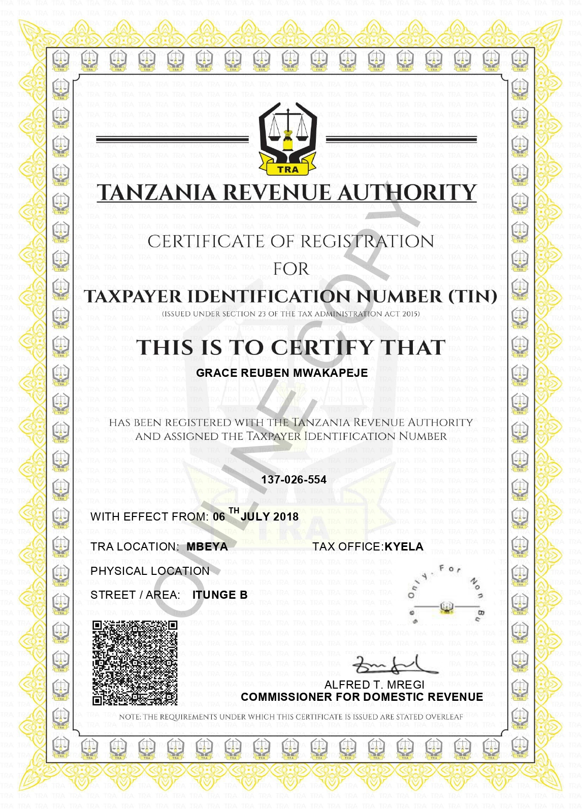 United Republic of Tanzania certificate